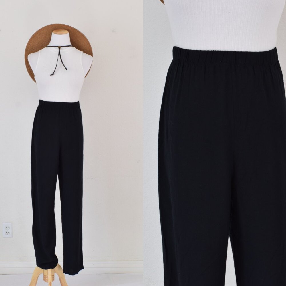 Vintage 80s Gathered Waist Black‎ Lounge Rayon Pants size 12 | 30-34 waist